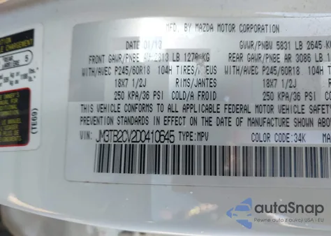 2013 Mazda Cx-9 Touring из США, поврежденный, VIN JM3TB2CV2D0410645